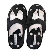 Laura Ashley Womens Slippers Size 6.5-7.5 Black White Polka Dot Bow Plush House
