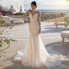 Elegant Mermaid Wedding Dresses Lace Applique High-Neck Ball Gown Full Sleeves