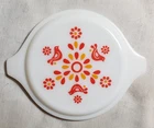Pyrex Friendship Pattern Lid 5.5" Dia Closure Area Handles Opal Glass Red/Orange