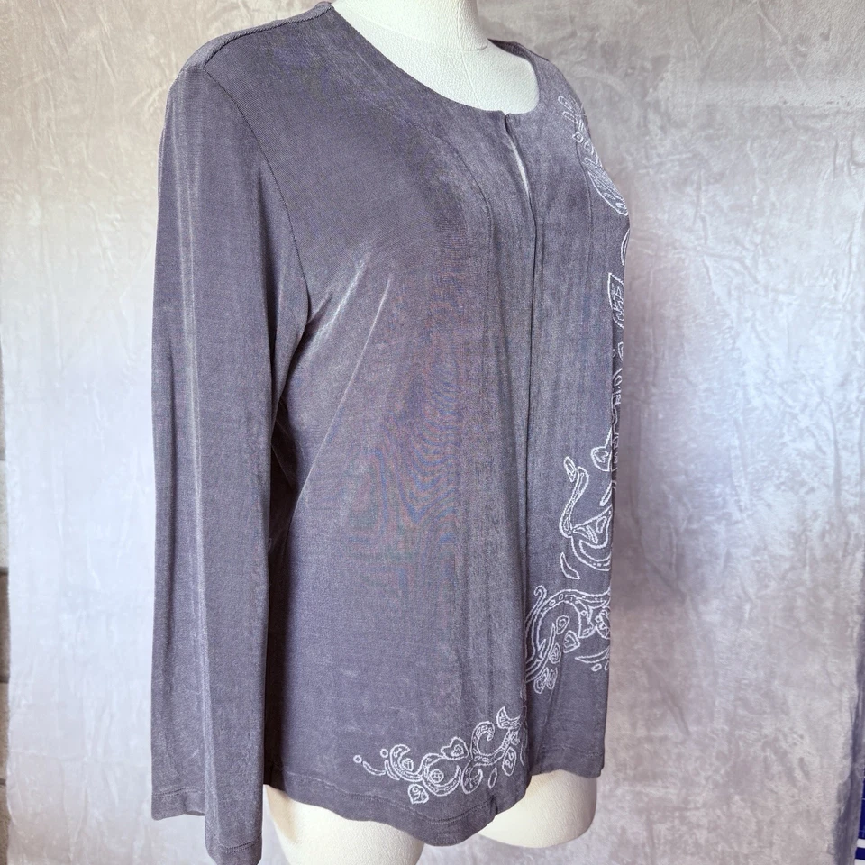 Chico's Elegant Gray Silver Paisley Art-to-Wear Floral Travelers Jacket Sz 2 (L) - Image 2 of 4