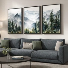 Framed Mountain Landscape Wall Art for Living Room, Large Foggy Forest Waterc...