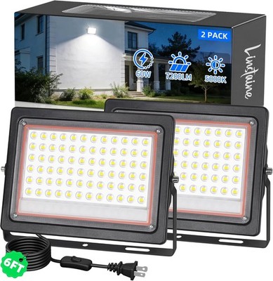 2 Pack 60W LED Flood Lights Outdoor, IP66 Waterproof 7200LM Plug in Work Light w