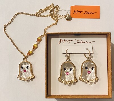BETSEY JOHNSON GHOST NECKLACE EARRINGS SET CANDY CORN CRYSTAL GOLD TON HALLOWEEN