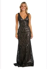 NIGHTWAY Long Swirl Pattern Sequin Gown W/Power Mesh Side Insets & Deep V Back
