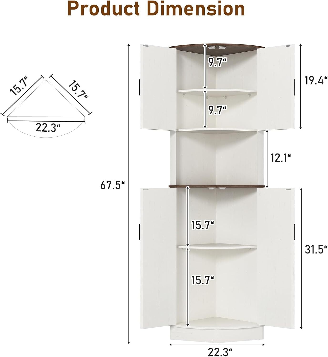 68" Tall Farmhouse Corner Cabinet, Dining Room Storage Cabinet Rustic White