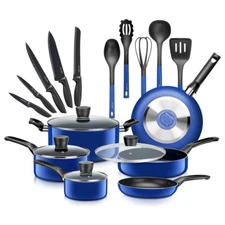 SereneLife 20Pcs Kitchenware Pots & Pans Set-Black Non-Stick Coating Inside-Blue