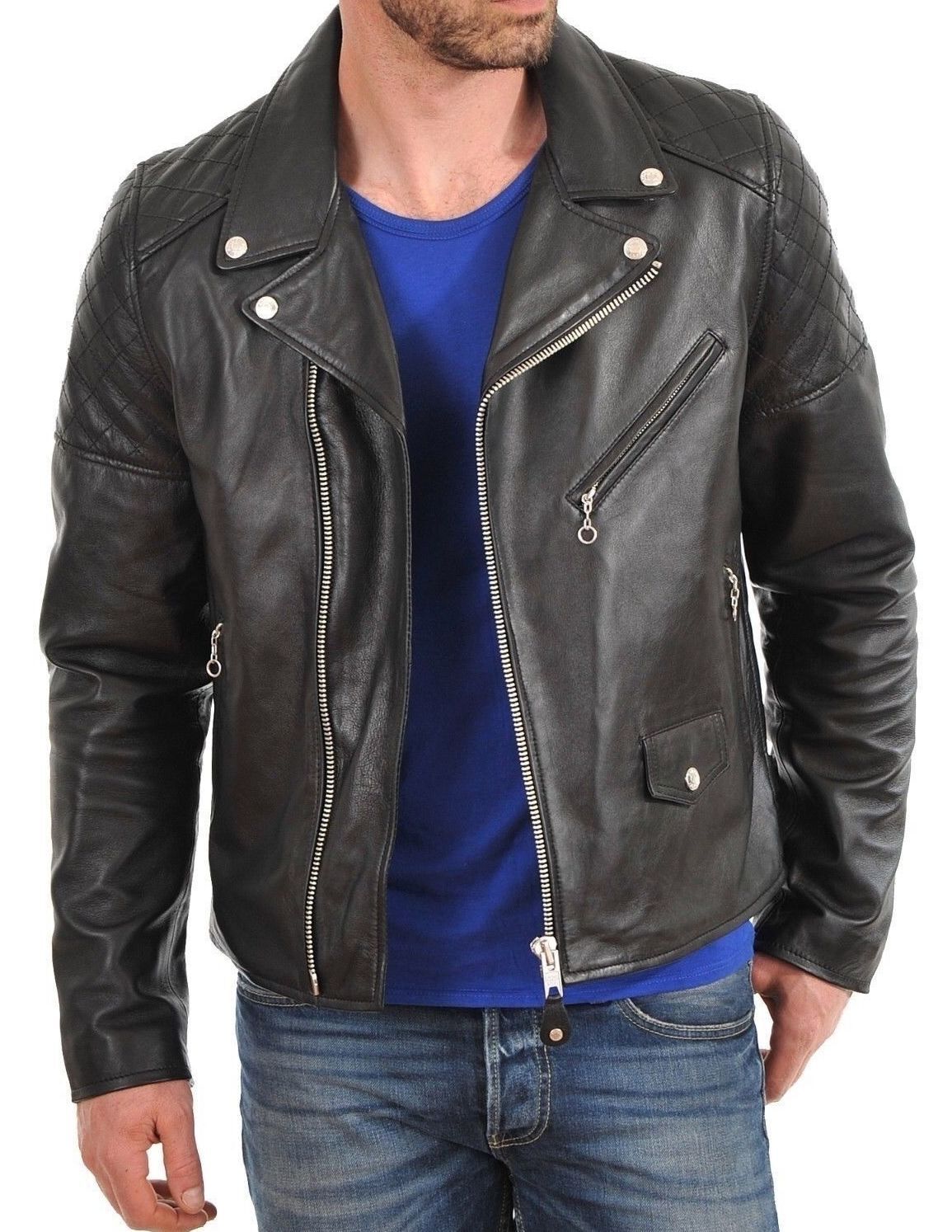 Vintage Black Leather Motorcycle Jacket for Men Size 180 Biker Bomber Coat-image