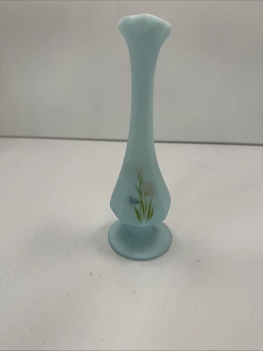 Vintage Fenton Bud Vase Blue Satin Glass Hand Painted Signed Crimped Rim