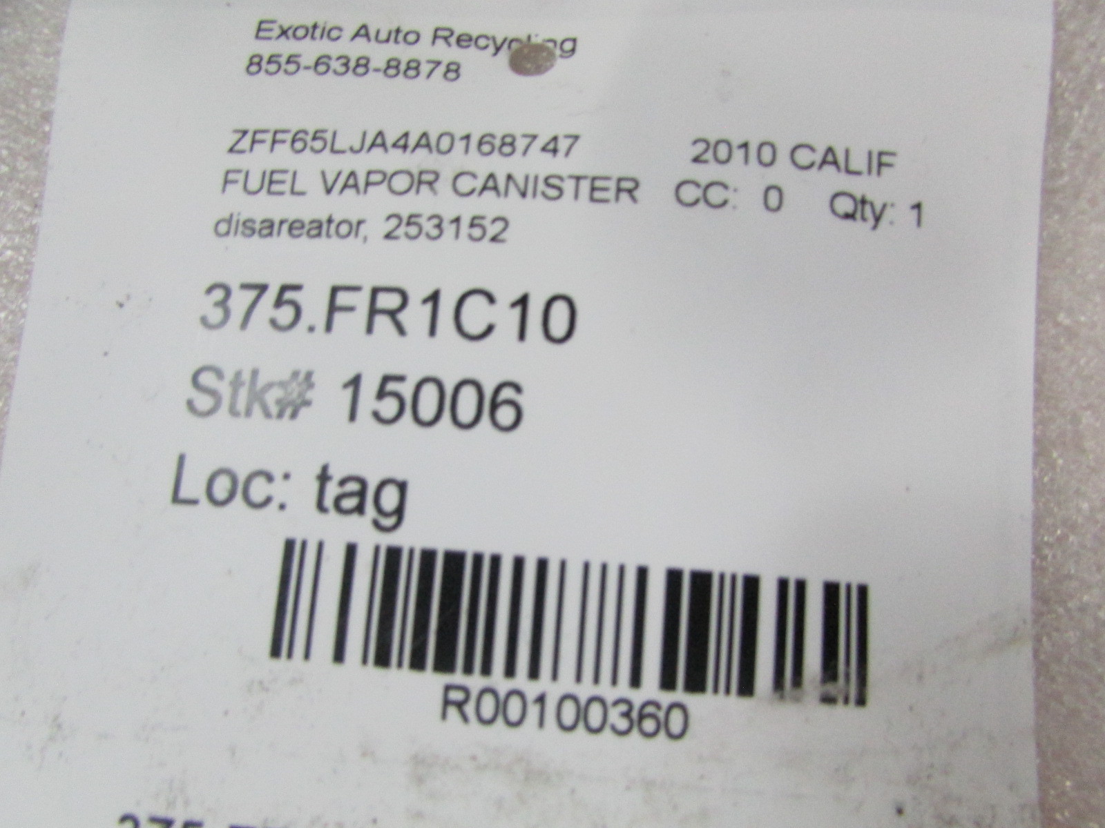Ferrari California, Fuel Vapor Canister Disareator, Used, P/N 253152