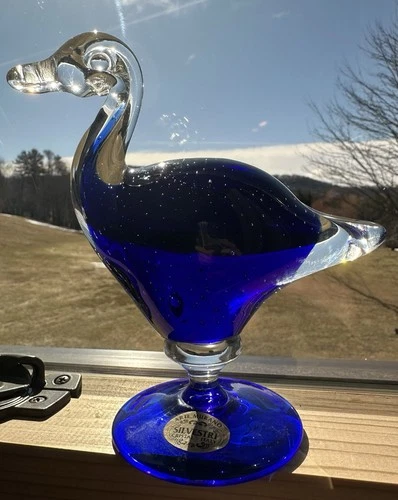 Vintage Silvestri Murano Glass Bird Figurine In A Blue Colored Body with Label