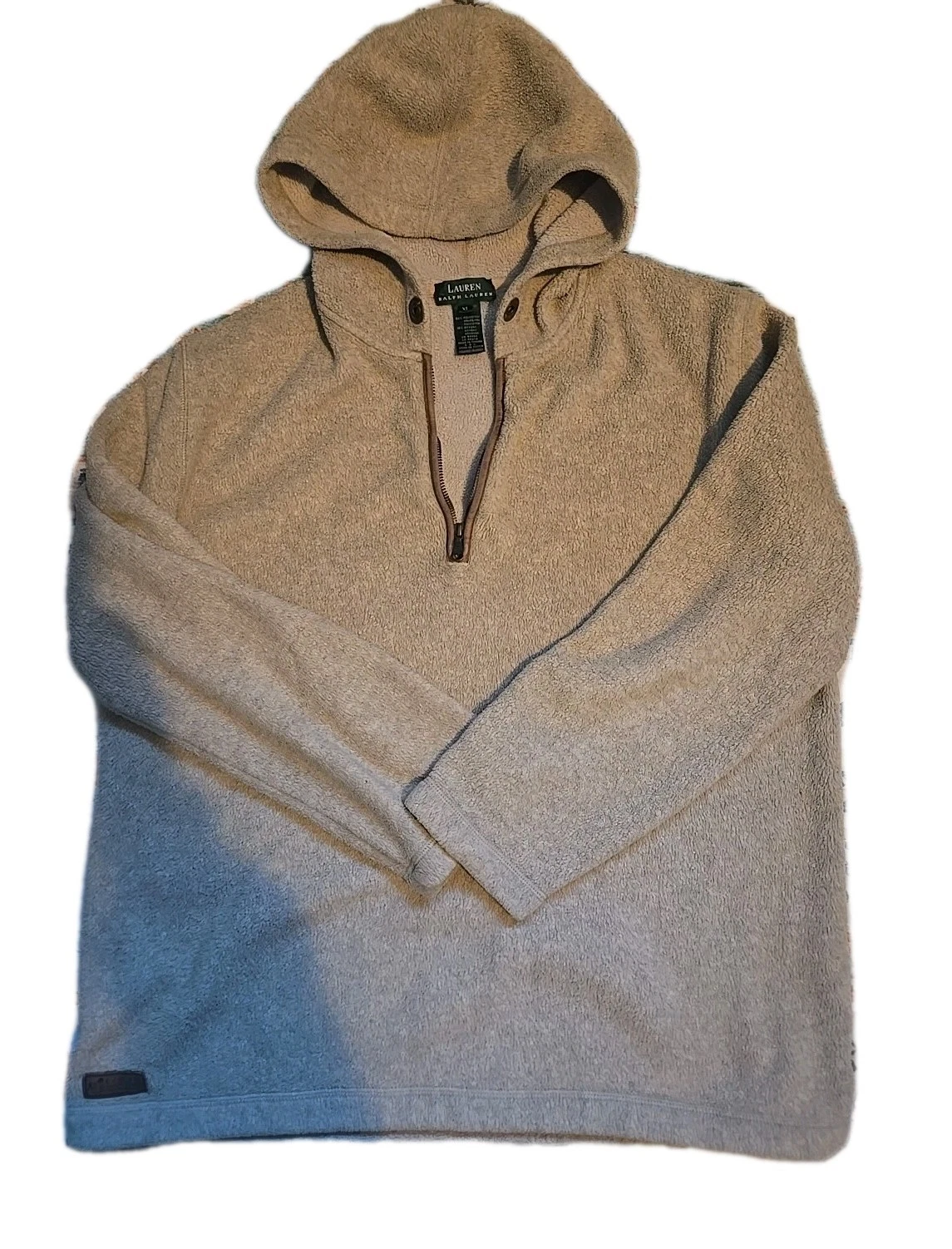 Ralph Lauren Men's Quarter Zip Fleece Hooded Jacket Pullover Beige XL No String