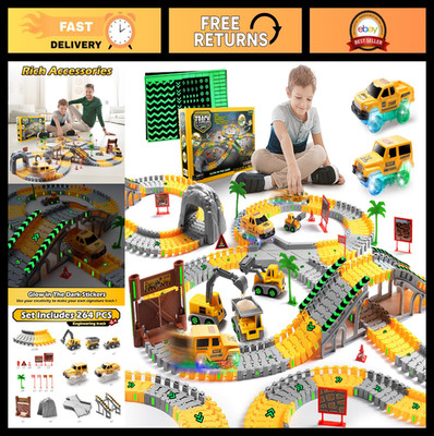 264 PCS Glow in the Dark Race Track Set for Kids, 2 Light Up Cars, DIY Construct