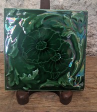 Antique Relief Decorated Ceramic Tile With Irredescent Green Camellia Glaze #1