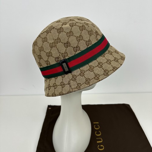 Gucci GG Monogram Logo Web Stripe Cotton Canvas Bucket Hat Cap Head Beige Size S - Picture 5 of 9