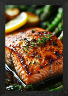 Gerahmtes Wandbild Poster Leinwanddruck Bild Gegrillter Lachs mit Zitrone und Thymian