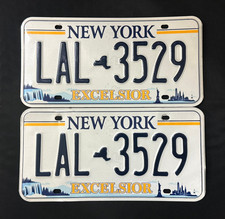 New York License Plate Pair LAL3529  NIAGARA FALLS, MAP, LADY LIBERTY, EXCELSIOR
