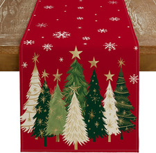 Red Christmas Table Runner 13x72 Inch with Trees and Snowflakes Decor