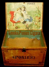 Ponies Wood Cigar Box 4.5X 3 1/8X 3 3/8 Inches Hinges & Latch Factory 303 Sh4A-3