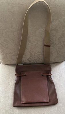 Deux De Delvaux Brown Leather Crossbody Bag Tan Canvas Strap Minimalist VGC