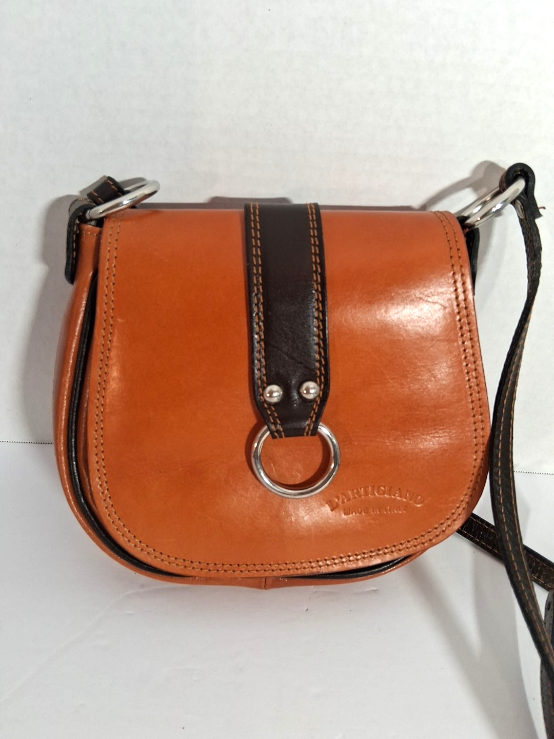 L'Artigiano Made In Italy Leather Brown Crossbody Bag , Vintage  Saddle Style