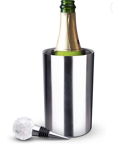 Luxmiere Wine Chiller Bucket No Ice for Single Bottle Silver w Crystal Stopper