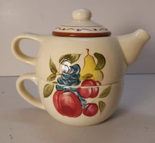 "HOME" AROUND THE ORCHARD STACKABLE CERAMIC TEAPOT & CUP   FOR ONE FRUIT