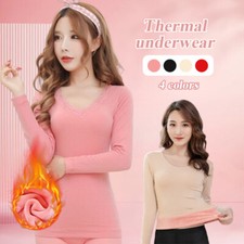 Women Thermal Underwear Lace V-Neck Warm Solid Shirt Fleece Lined Slim Tops NEW