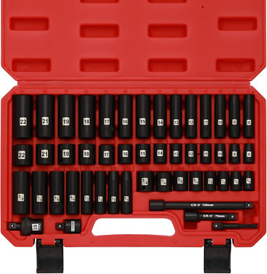 49 Pieces 3/8'' Drive Impact Socket Set, 5/16''-3/4'', 8-22MM, Sae/Metric, 6 Point,