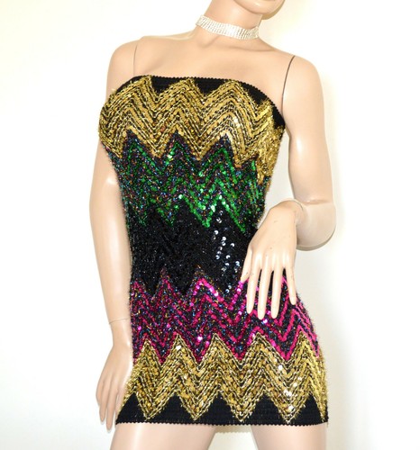 MINI ABITO NERO donna vestito tubino fascia paillette oro verde fucsia  dress B32 | eBay