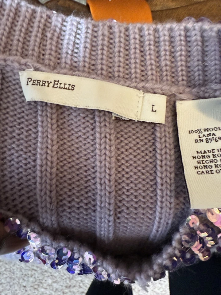 Vintage  Perry Ellis sweater vest in sugar plum with sequined neck 100% wool L - Image 4 of 4