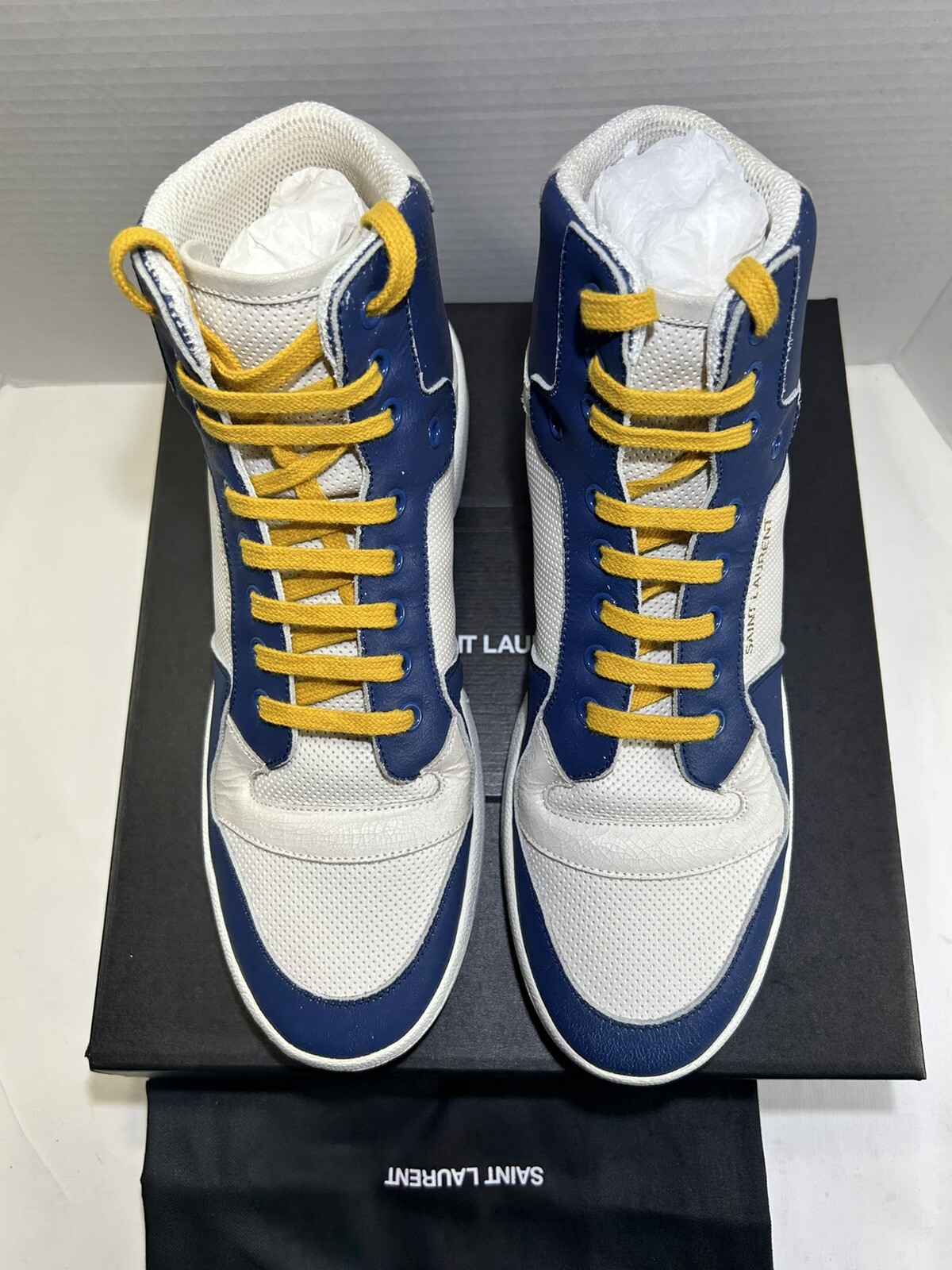 NUOVE SNEAKERS IN PELLE SAINT LAURENT YSL24 MID TOP BIANCHE BLU TAGLIA 42 610619AAAI5