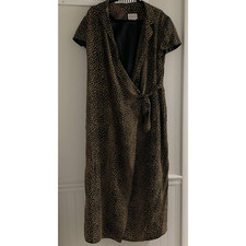 David Warner Womens Wrap Dress Size 8 Black Tan Printed Silk Shoulder Pads Work