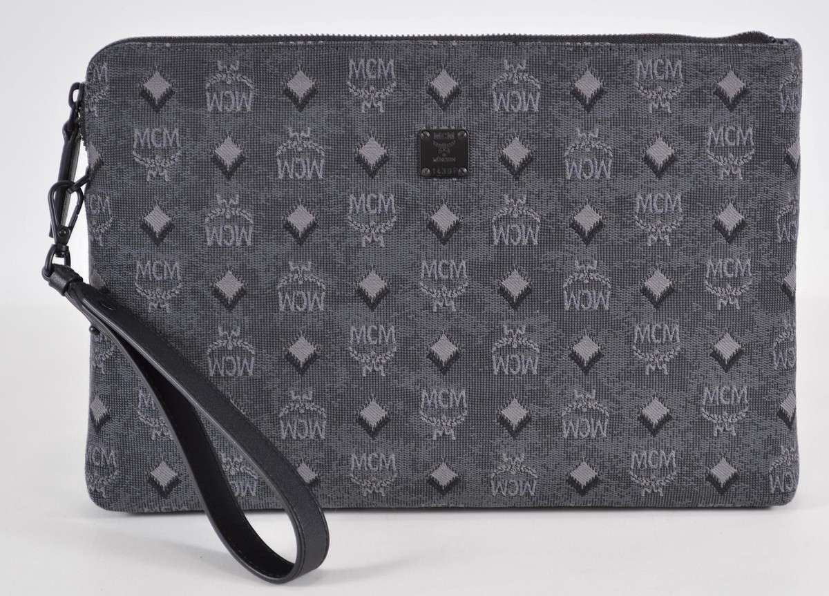 New MCM Jacquard Leather Veritas Visetos Logo Wristlet Purse