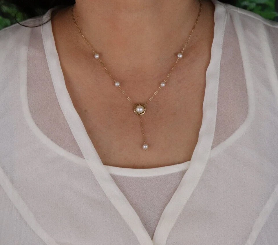 14k Yellow Gold Freshwater Pearl Lariat Drop Necklace Peanut Chain - Image 4 of 4