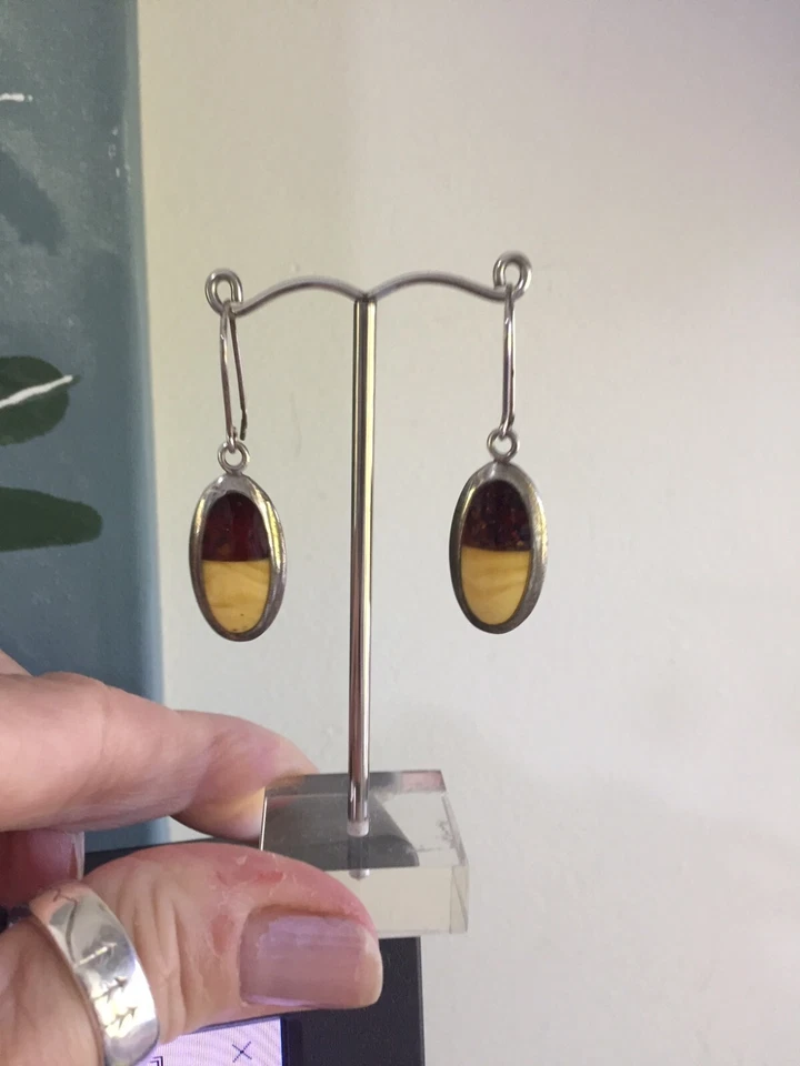 Vintage Artisan Handmade Sterling Silver 925 Long Oval Amber Hook Earrings 🌻 7g - image 4 of 4