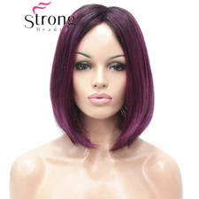 Angled Bob Wig Ombre Deep Purple Dark Root Midnight Berry Synthetic Fiber Short