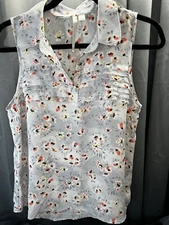 LC Lauren Conrad Gray Sleeveless Blouse Tank Top Pink Floral Women's Small Sheer