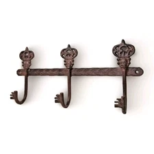 Vintage Style Cast Iron Key Wall Hook Rack 3-Hook Rustic Brown Hanging 13" long