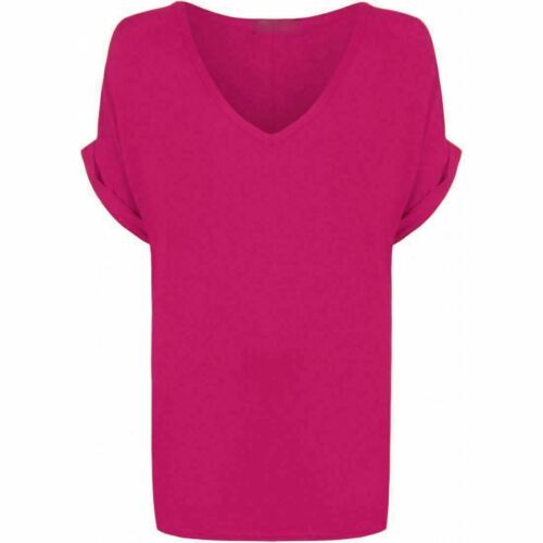 Womens T Shirt Ladies Oversized Baggy Plus Size Loose V Neck Turn Up Batwing Top - Picture 13 of 41