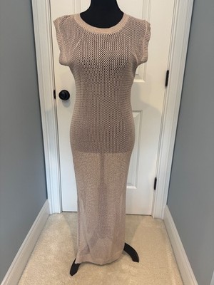 Tahari Beige Open Knit Crochet Maxi Dress Size Medium   New