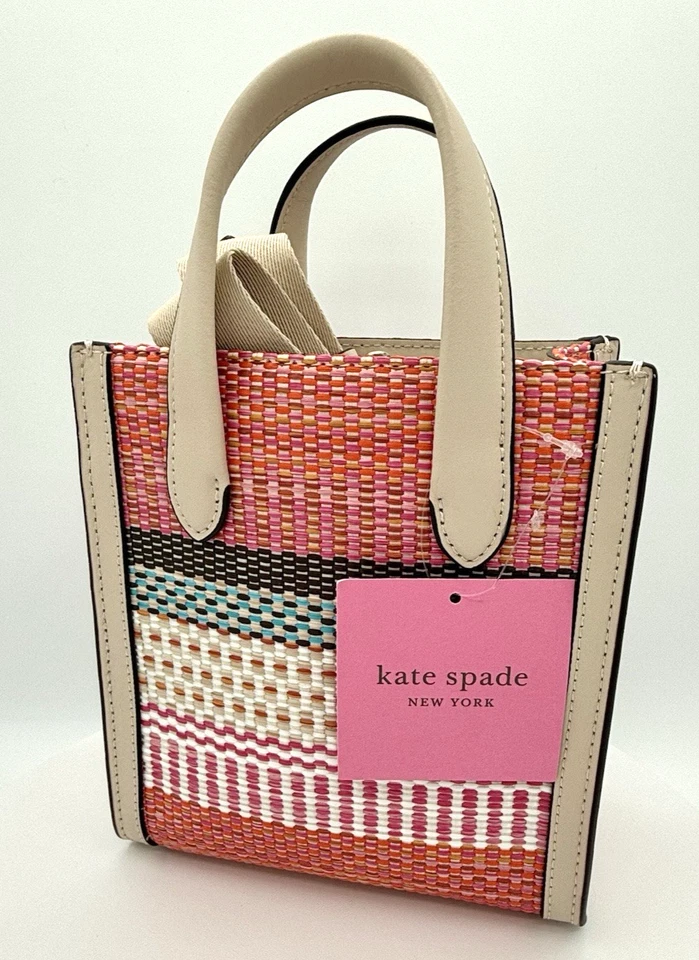 NWT Kate Spade Manhattan Woven Striped Plaid Mini Tote Light Pink Bag Purse - Image 4 of 4