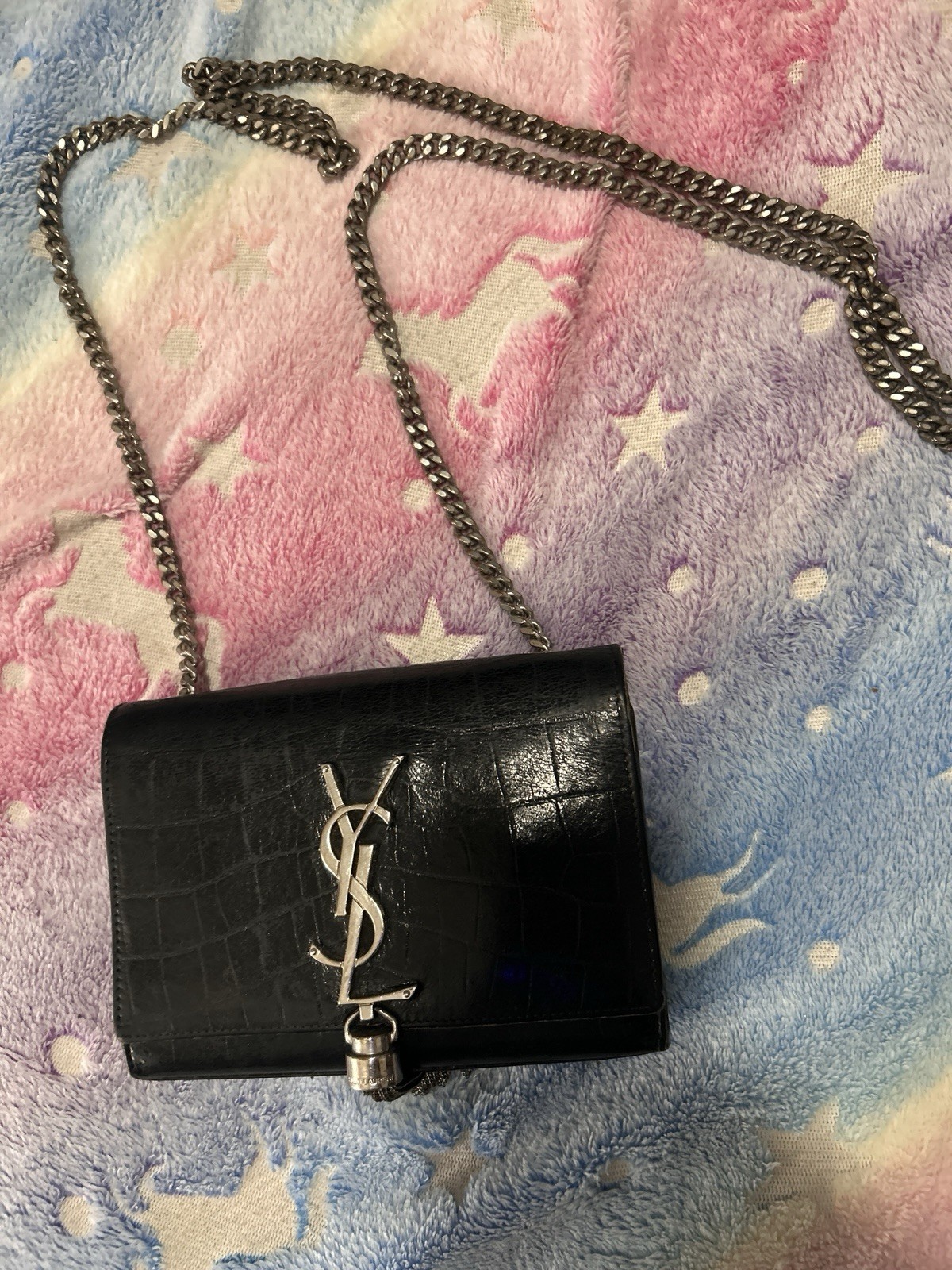 Saint Laurent Black Crocodile Pattern Chain Strap Shoulder Bag, Logo Accents