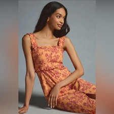 Anthropologie Orange Floral Midi Dress with RufflesSquare Neck Size Small NWOT