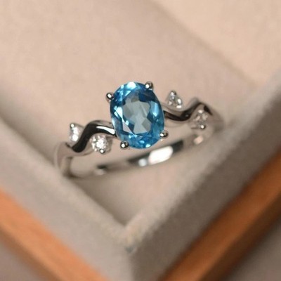 1.83 Ct Oval Cut Natural Blue Topaz Diamond Wedding Ring 14K Solid White Gold