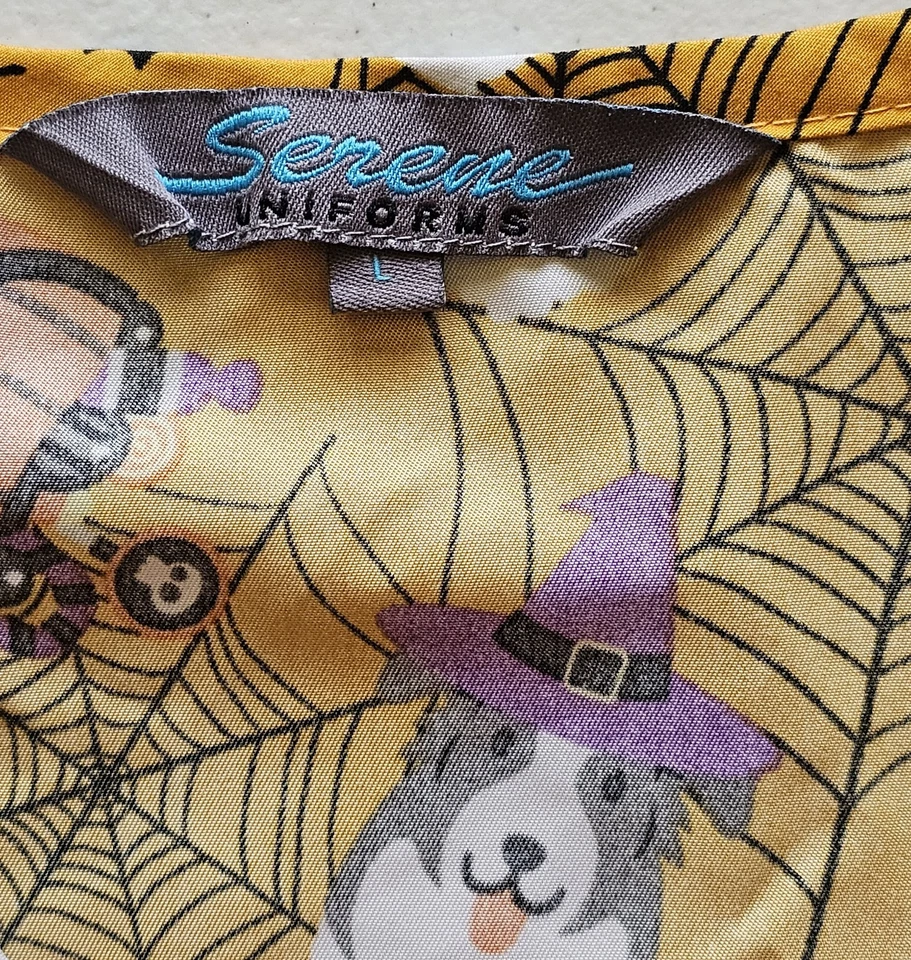Ladies Halloween Theme Pattern on Yellow Hip Pockets Medical Wear by Serene Sz L - Image 3 of 4