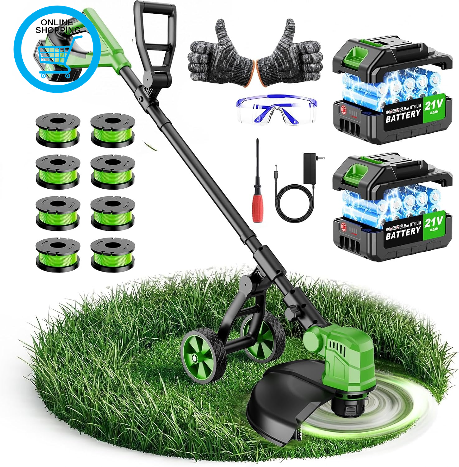 Cordless Strimmer 21V, Garden Battery Strimmer with 6000 Mah, Auto Line Feed, 8