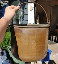 LARGE Antique COPPER 12" APPLE BUTTER KETTLE Pot/Cauldron w/ CAST IRON HANDLE