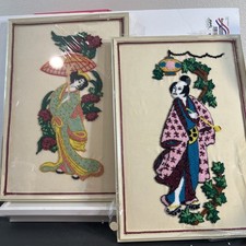 2 Beautiful FRAMED NEEDLE PUNCH PICTURE JAPANESE 13x19 inches (framed/no glass)