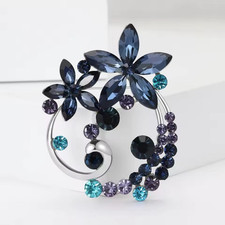 Luxury Rhinestone Flower Bouquet Brooch Silver Blue Floral Wreath Pin Jewelry Gi