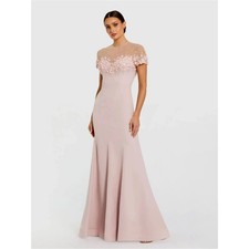 Mac Duggal 11867 Pink Crepe Mermaid Gown With Beaded Illusion Neck Size 14 NWT